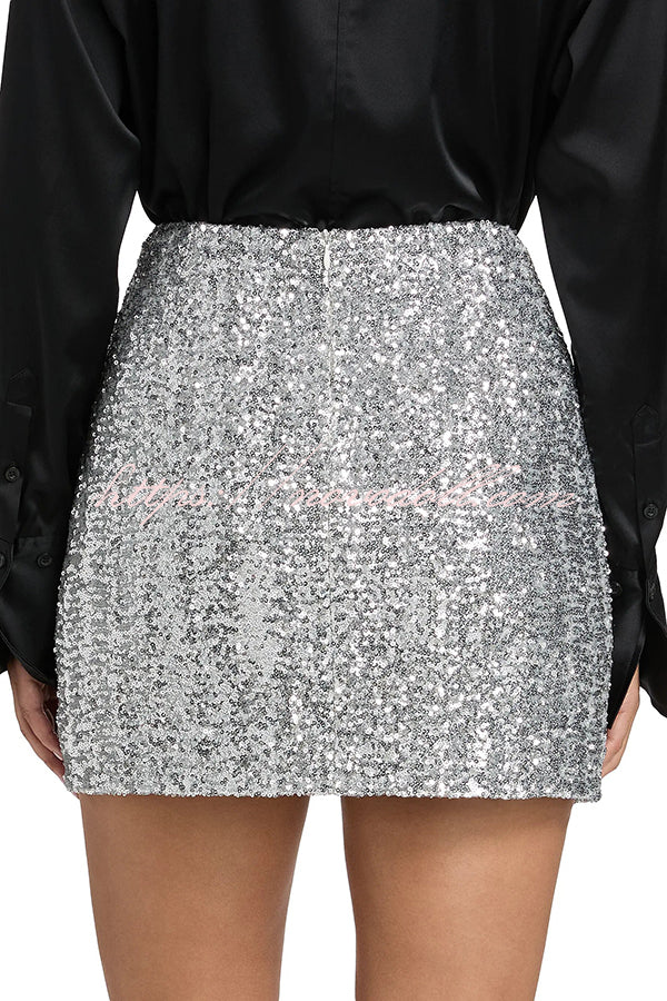 Holiday Party Sequin Velvet Bow Detail High Rise Stretch Mini Skirt