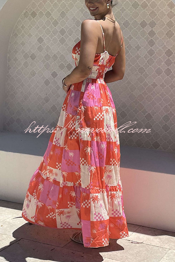 Resort Style Printed Suspender Pleated Loose Maxi Dress