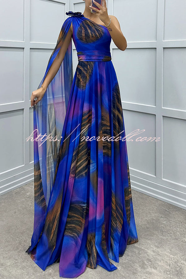 Lucia Unique Print Floral Detail One Shoulder Draped Sleeve Gown Maxi Dress