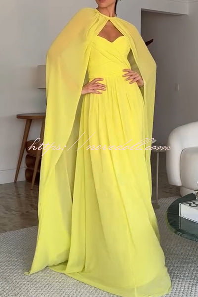 Romantic Party Chiffon Off Shoulder Sweetheart Neck Ruched Cape Maxi Dress