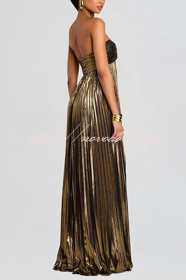 Metallic Sexy Tube Top Pleated High Slit Maxi Dress