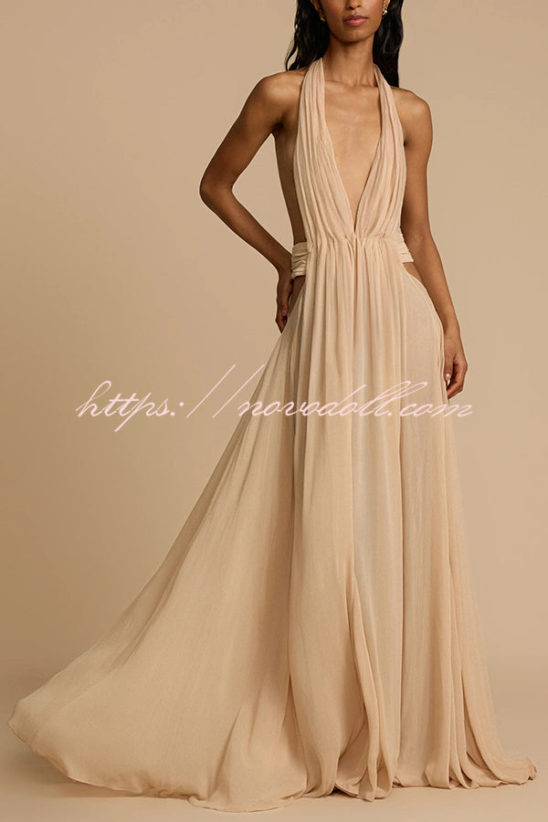 Ethereal Moment Tulle Cutout Ruched Waist Backless Halter Maxi Dress