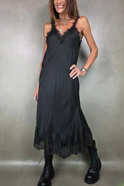 Fashionable V-neck Suspender Lace Splicing Casual Midi Dress