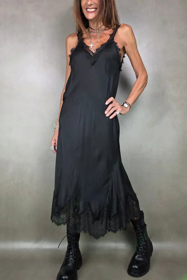 Fashionable V-neck Suspender Lace Splicing Casual Midi Dress
