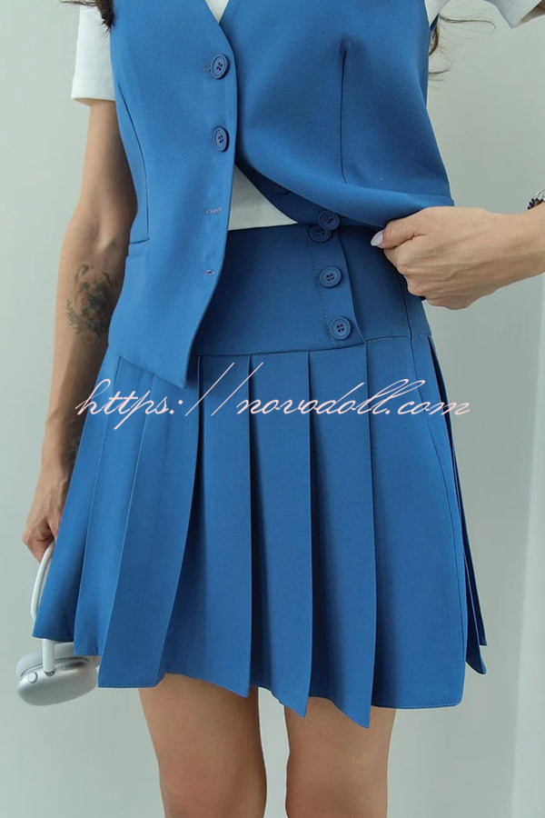 Solid Color Sleeveless Buttoned Vest and High-waisted Pleated Mini Skirt Set