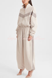 Fashionable Contrasting Long-sleeved Loose Coat and Elastic Waist Wide-leg Pants Set