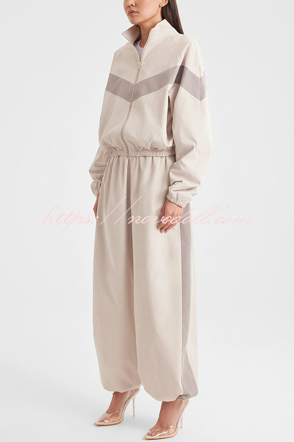 Fashionable Contrasting Long-sleeved Loose Coat and Elastic Waist Wide-leg Pants Set