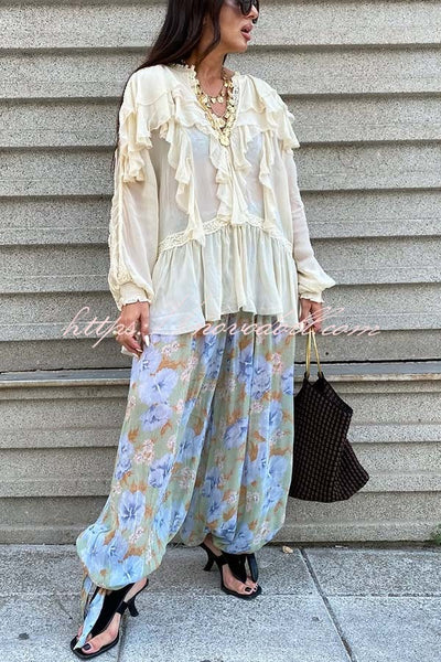 Autumn Boho Chiffon Floral Print Elastic Waist Tie-up Hem Balloon Pants