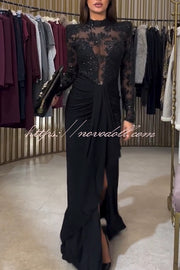 Fenna Sheer Floral Sequin Shoulder Pads Long Sleeve Drape Slit Maxi Dress