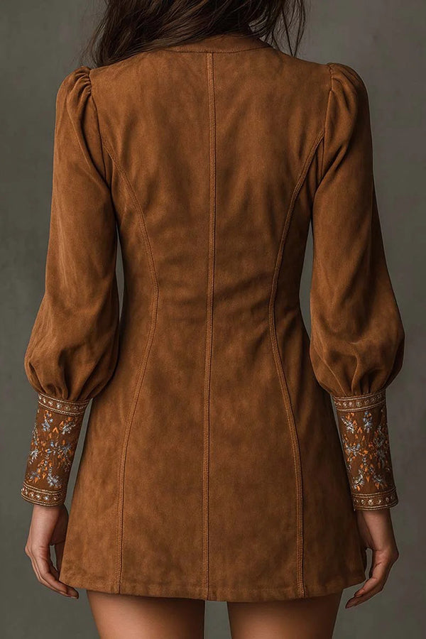 Fashionable Suede Embroidered V-neck Long-sleeved Slim-fit Mini Dress
