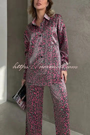 Leopard Print Long-sleeved Casual Top and Loose Elastic Waist Tie Pants Set