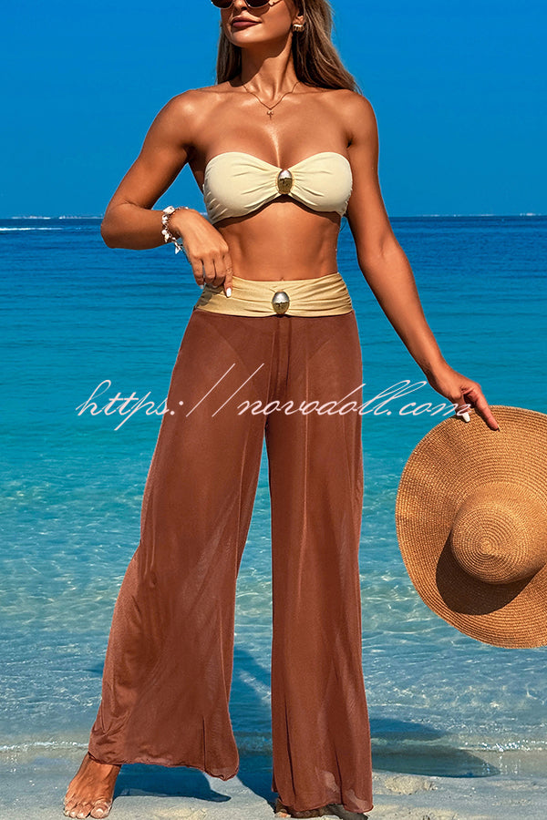 Solid Color Metal Button Decorated Stretch Two-piece Bikini Swimsuit