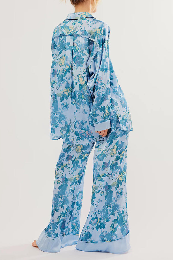 Unique Printed Lounge Long-sleeved Shirt and Elastic Waisted Baggy Pants Set