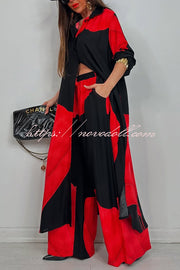 Unique Printed Casual Loose Long Shirt and Elastic Waist Pocket Wide Leg Pants Set