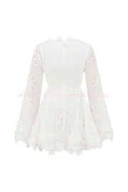 Diaz Embroidery Hollow Fabric Delicate Flower Trim Long Sleeve Side Lace-up Mini Dress