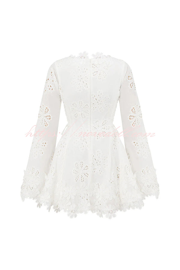 Diaz Embroidery Hollow Fabric Delicate Flower Trim Long Sleeve Side Lace-up Mini Dress