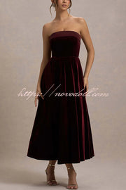 Center of Attention Velvet Satin Neck Bandeau Pleated Midi Dress