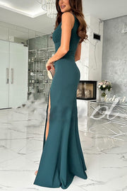 Height of Fame V-neck Ruched Slit Maxi Dress