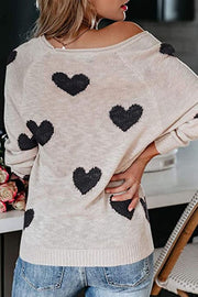 Stylish Color-blocked Heart-patterned Long-sleeved Loose Knit Sweater