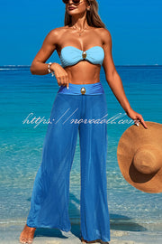 Solid Color Metal Button Decorated Stretch Two-piece Bikini Swimsuit