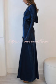 Satin Elegant Long-sleeved Open-back Slim-fit Slit Maxi Dress