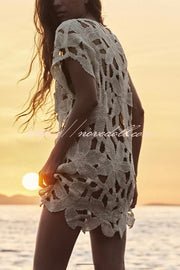 Fashion Crochet Hollow Loose Beach Cover-up Mini Dress