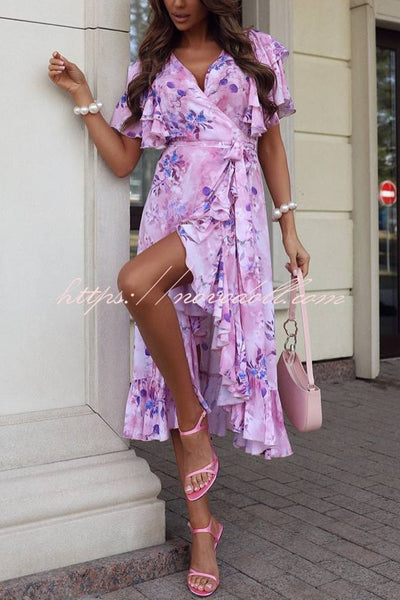 Unique Printed V-neck Ruffled Loose Midi Dress