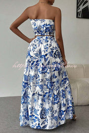 Floral Print Cutout Bandeau Top and Elastic Waist Full Maxi Skirt Set