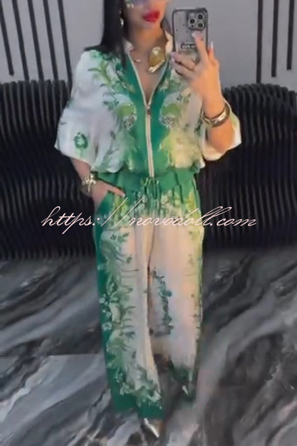 Unique Printed Casual Long-sleeved Loose Top and Elastic Waist Pocket Wide-leg Pants Set