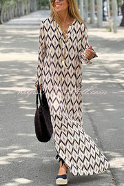 Unique Printed Long Sleeve V-neck Loose Maxi Dress