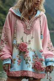 Floral Print Loose Hooded Long-Sleeved Sweatshirt