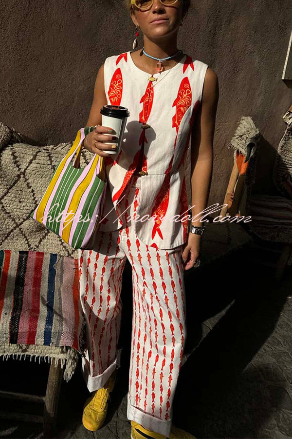 Good Luck Linen Blend Koi Pattern Metal Buttons Waisted Vest