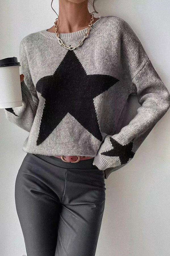 Essnce Star Pattern Crew Neck Long Sleeve Sweater