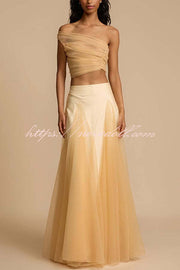 Romance Factor Semi-sheer Tulle One Shoulder Ruched Crop Top