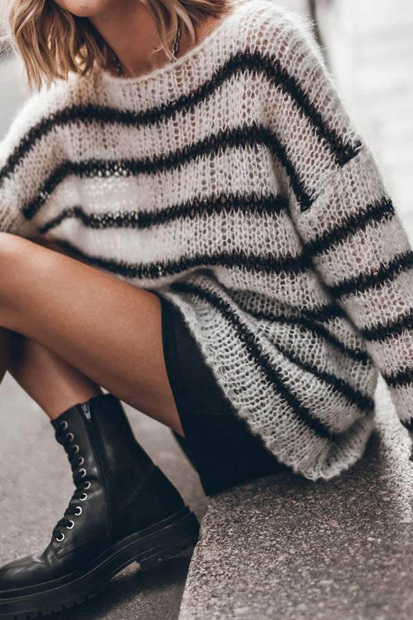 Time for Warmer Layers Fluffy Stripes Relaxed Knit Sweater