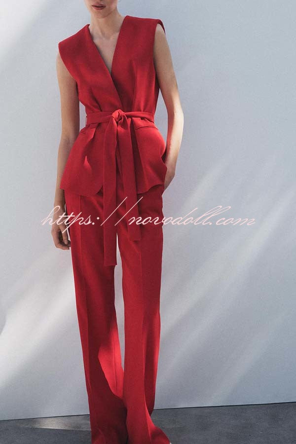 Keep It Classic V-neck Belted Vest and Mid Rise Pocket Wide Leg Pants Set