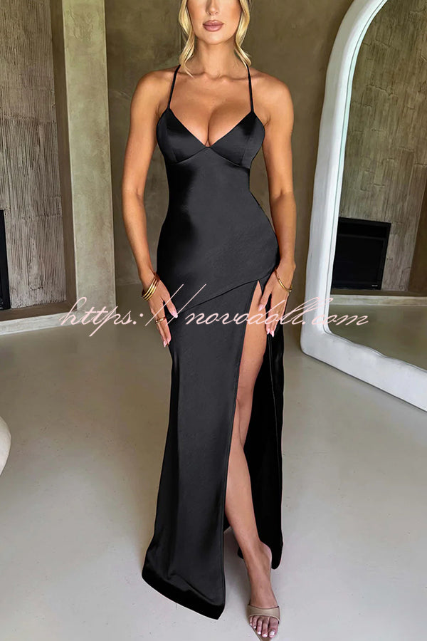 Satin Solid Color Sexy Backless Lace Up High Slit Maxi Dress