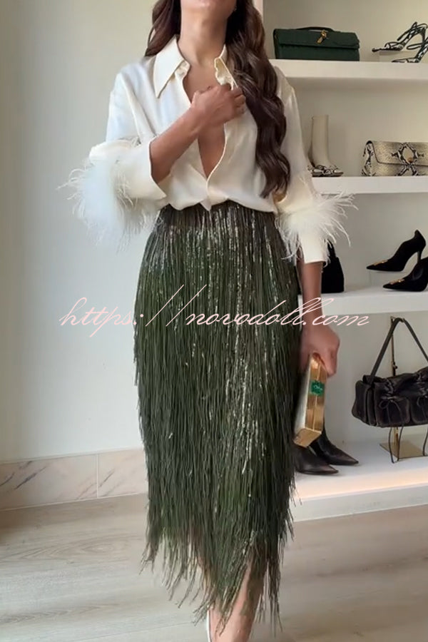 Party Crasher Layered Sequined Tassels High Rise Back Zipper Midi Skirt