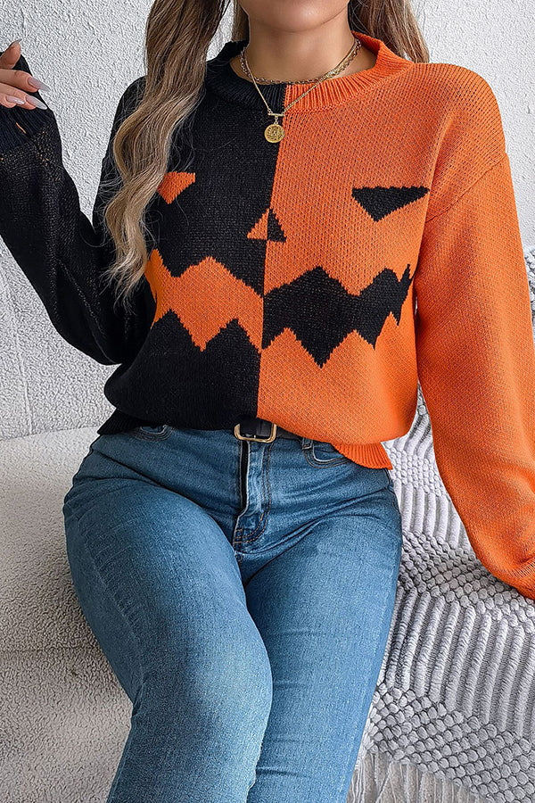 Halloween Pumpkin Contrast Color Long Sleeve Loose Sweater