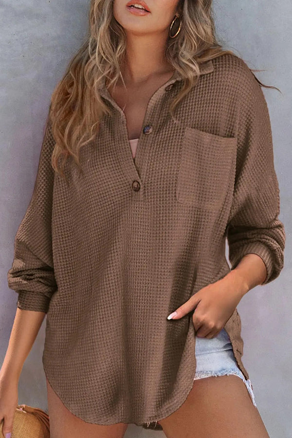 Solid Color Waffle Loose Casual Knitted Pocket Top