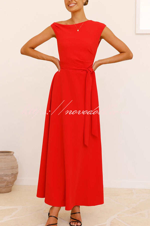 Solid Color Sloped Collar Slim Fit Waist Lace Up Full Hem Maxi Dress
