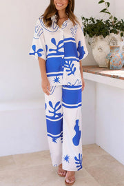 The Beach Girls Unique Color Block Print Button Up Shirt and Elastic Waist Pants Set