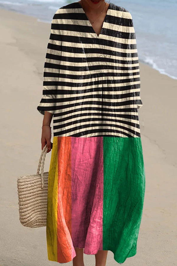 Color Block Stripe Print V-Neck Long Sleeve Loose Midi Dress