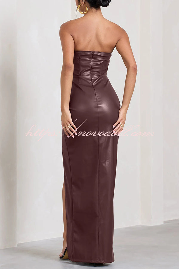 Sexy Meaning Faux Leather Strapless Bandeau Split Maxi Dress