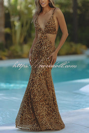 Elegant Wildness Leopard Print Elasticated Cutouts Slip Maxi Dress