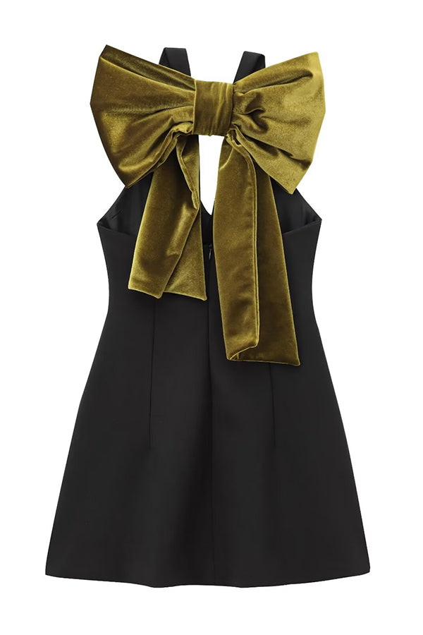 Sweet Party Contrast Back Velvet Bow Detail Mini Dress