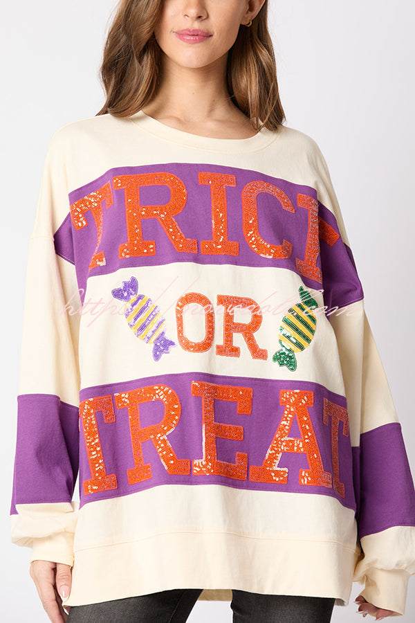 Halloween Letter Sequined Color Block Loose Casual Sweatshirt