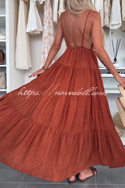Bohemian Style V-neck Backless Slip Layered Vacation Maxi Dress
