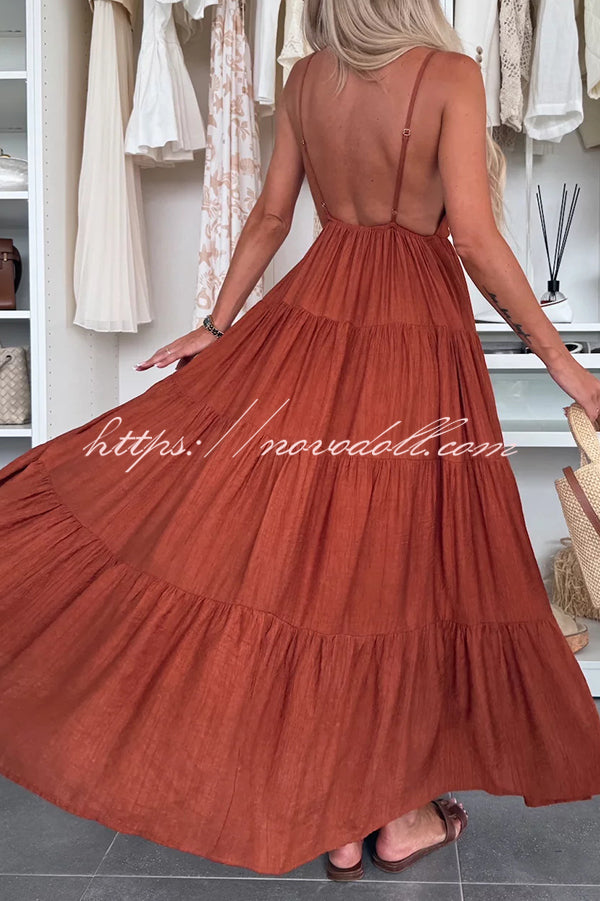 Bohemian Style V-neck Backless Slip Layered Vacation Maxi Dress