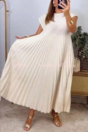 Solid Color Round Neck Sleeveless Pleated Large Hem Maxi Dress